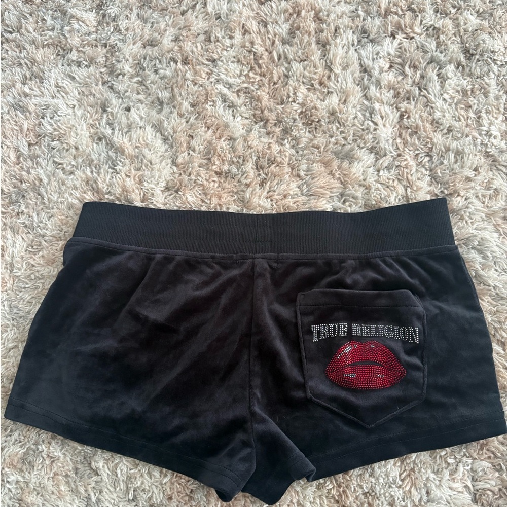 True Religion Black Velour Athletic Shorts with Red Rhinestone Lip